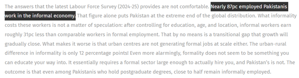 Nearly 87pc employed Pakistanis work in the informal economy.